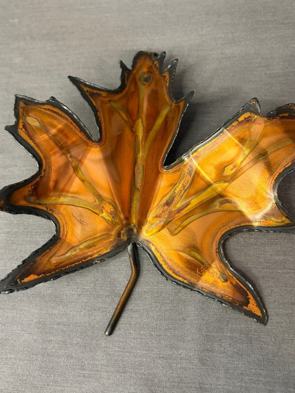 Vtg MCM Copper Metal Oak Maple Leaf Wall Sculpture Flame Painted Torch Cut
